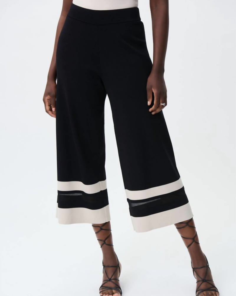 Front of a model wearing a size XL Crop Wide Leg Pants in Black/Moonstone in Black/Moonstone by Joseph Ribkoff. | dia_product_style_image_id:339070